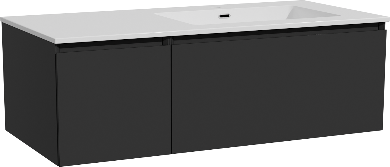 Storke Edge badkamermeubel met Diva Wastafel | B110 cm x D52 cm | Onderkast Mat zwart | Wastafel in kleur wit | Zwevend | Asymmetrisch rechtse wastafel