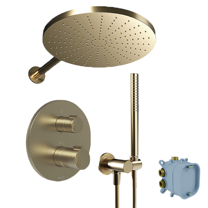 Blaufoss Smartbox Round inbouw regendoucheset, inclusief inbouwelement | Brushed Champagne Gold | Met waterbesparende functie | Thermostatische kraan | Ronde regendouchekop | Ø30cm