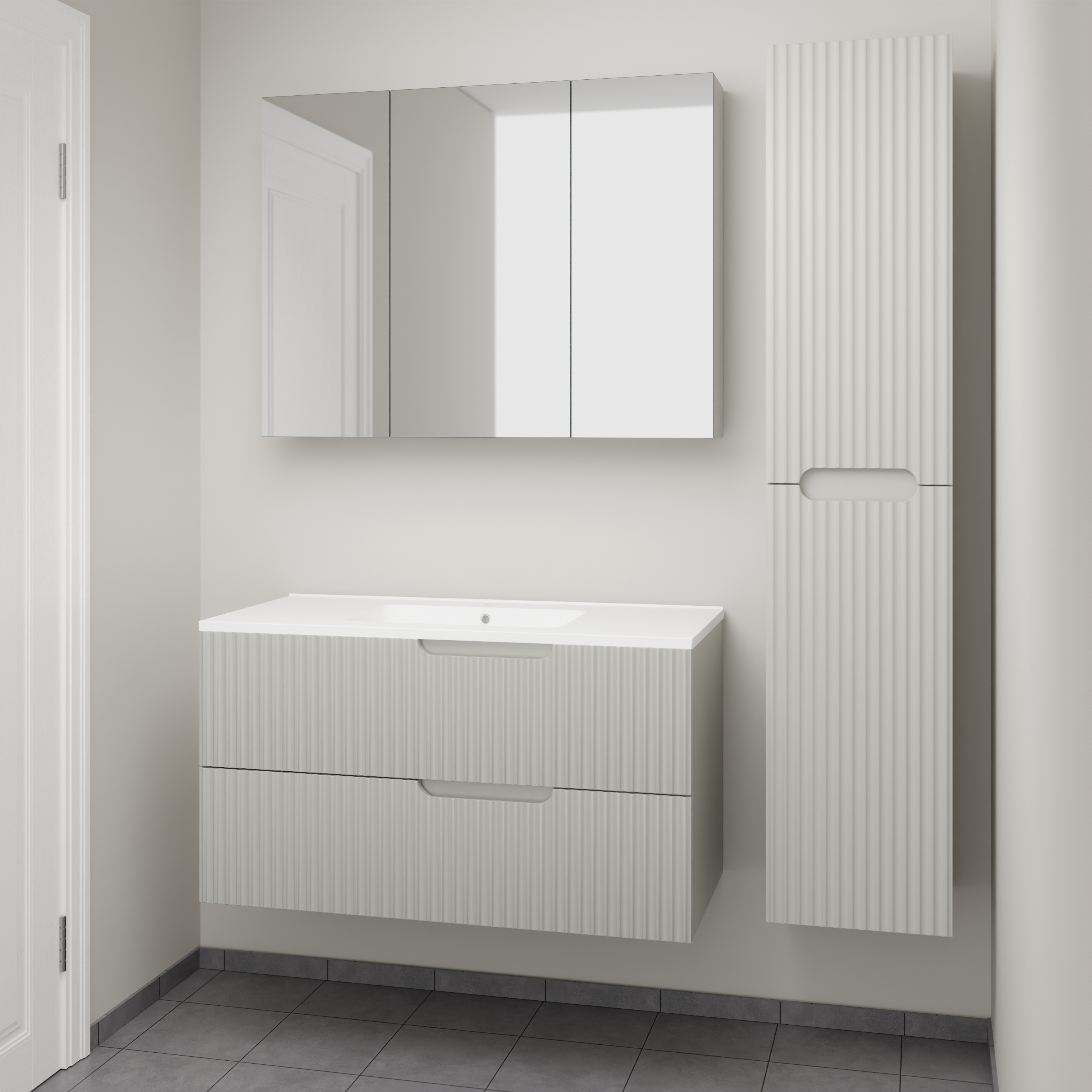 Linie Ribbo badkamermeubel met Vano wastafel, spiegelkast en badkamerkast | B100 cm x D46 cm | Onderkast Greige | Wastafel in kleur wit | Zwevend | Enkele wastafel
