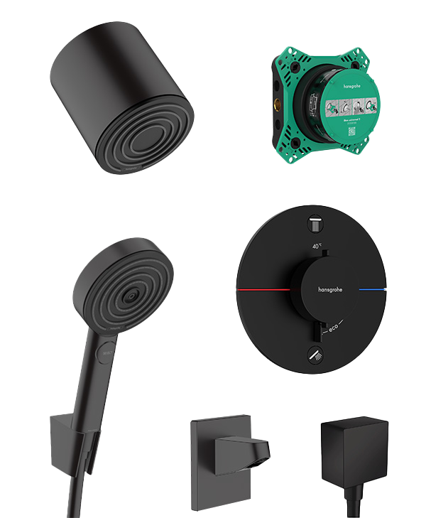 Hansgrohe Showerselect Comfort_S inbouw regendoucheset, inclusief inbouwelement | Mat Zwart | Met waterbesparende functie | Thermostatische kraan | Ronde regendouchekop | Ø10.5cm