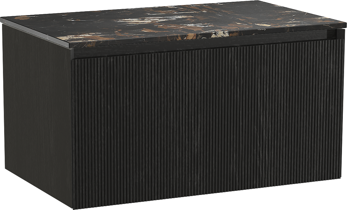 Balmani Fila by Mitra badkamermeubel met Stretto Tablet voor waskom(men) | B90 cm x D55 cm | Onderkast Zwarte eik | Tablet voor waskom(men) in kleur zwart | Zwevend | Enkel tablet