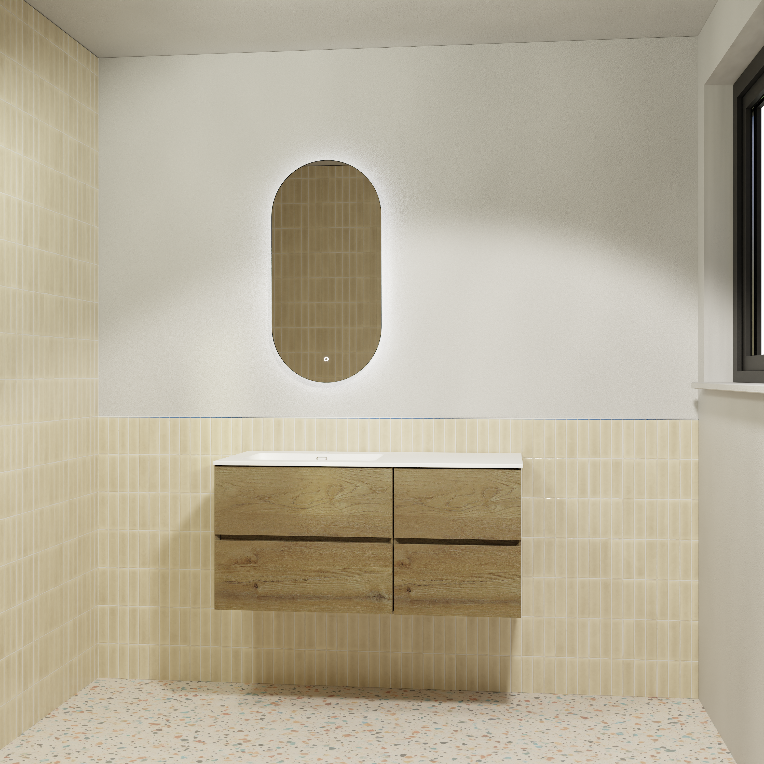 Storke Edge badkamermeubel met Diva wastafel en badkamerspiegel | B110 cm x D52 cm | Onderkast Ruwe eik | Wastafel in kleur wit | Zwevend | Asymmetrisch linkse wastafel