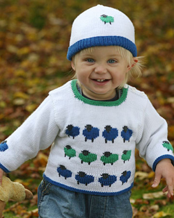 baby/småbarnströja och mössa med blå och gröna får