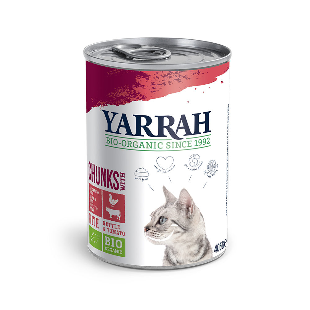 Yarrah Bio Chunks Katzenfutter – Dosen – Huhn & Rind mit Brennnessel & Tomate – 12 x 405 g