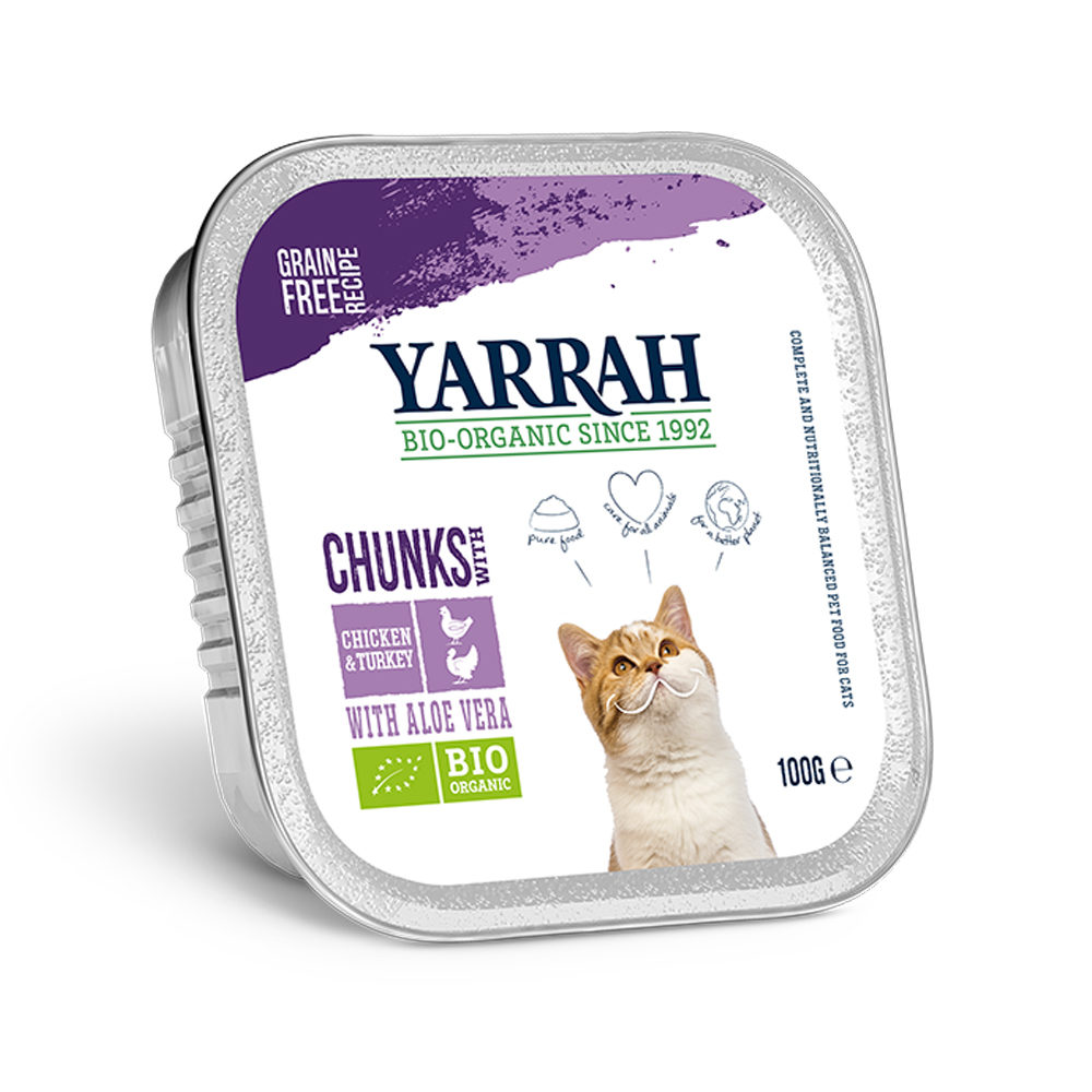 Yarrah Bio Chunks Katzenfutter – Schälchen – Huhn & Truthhahn mit Aloe Vera – 16 x 100g