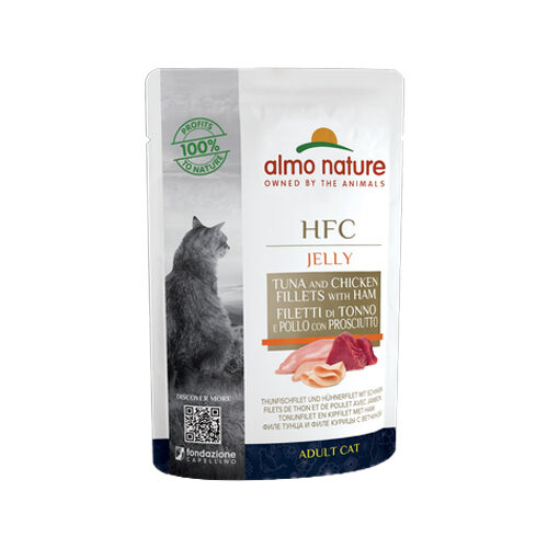 Almo Nature HFC Jelly Katzenfutter – Frischebeutel – Thunfisch, Huhn & Schinken – 24 x 55 g