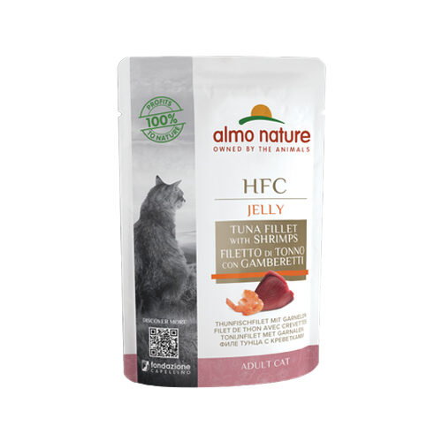 Almo Nature HFC Jelly Katzenfutter – Frischebeutel – Thunfischfilet & Garnelen – 24 x 55 g