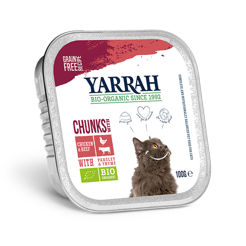Yarrah Bio Chunks Katzenfutter – Schälchen – Huhn & Rind mit Petersilie und Thymian – 16 x 100 g