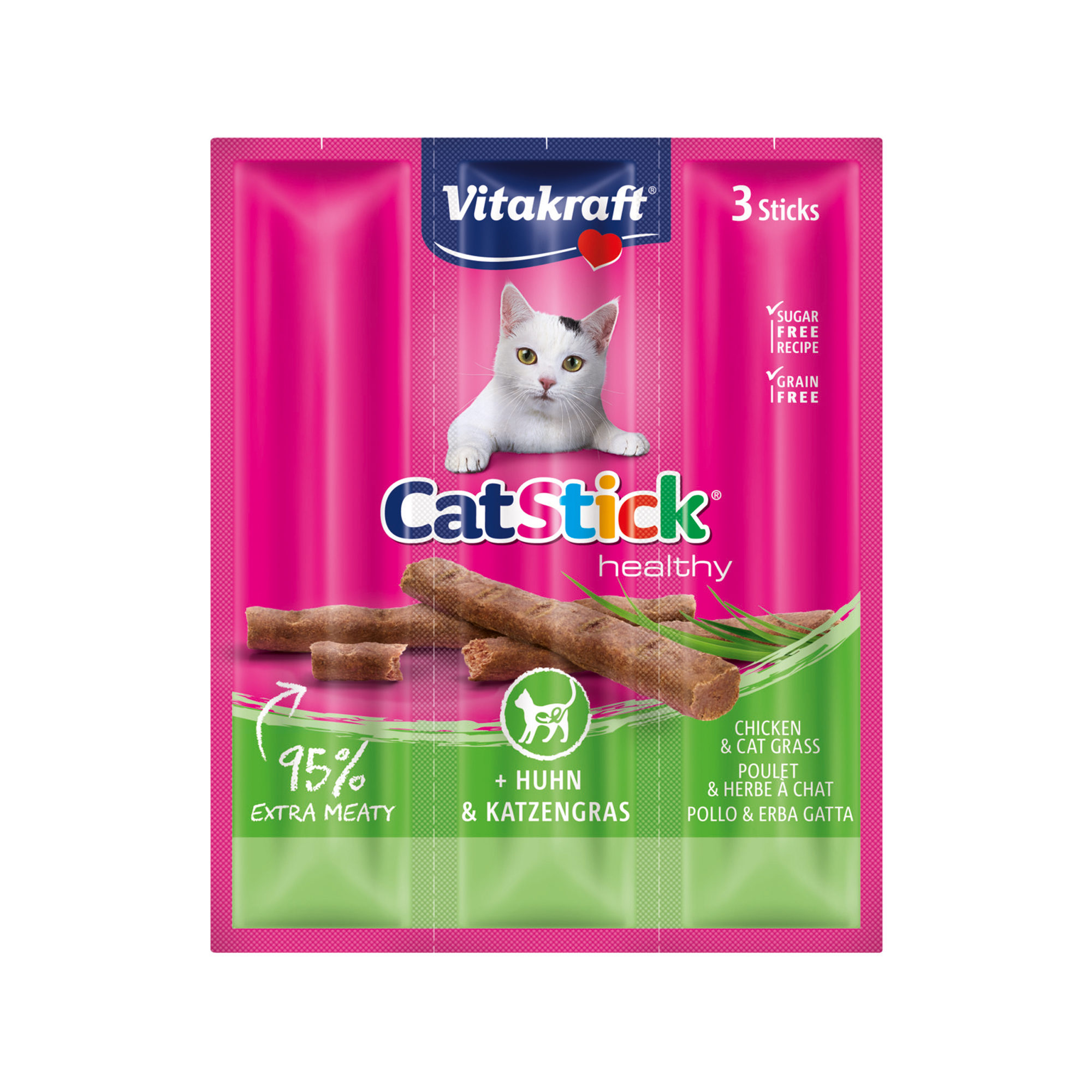 Vitakraft Cat Stick Mini – Huhn & Katzengras – 3 Stöcke