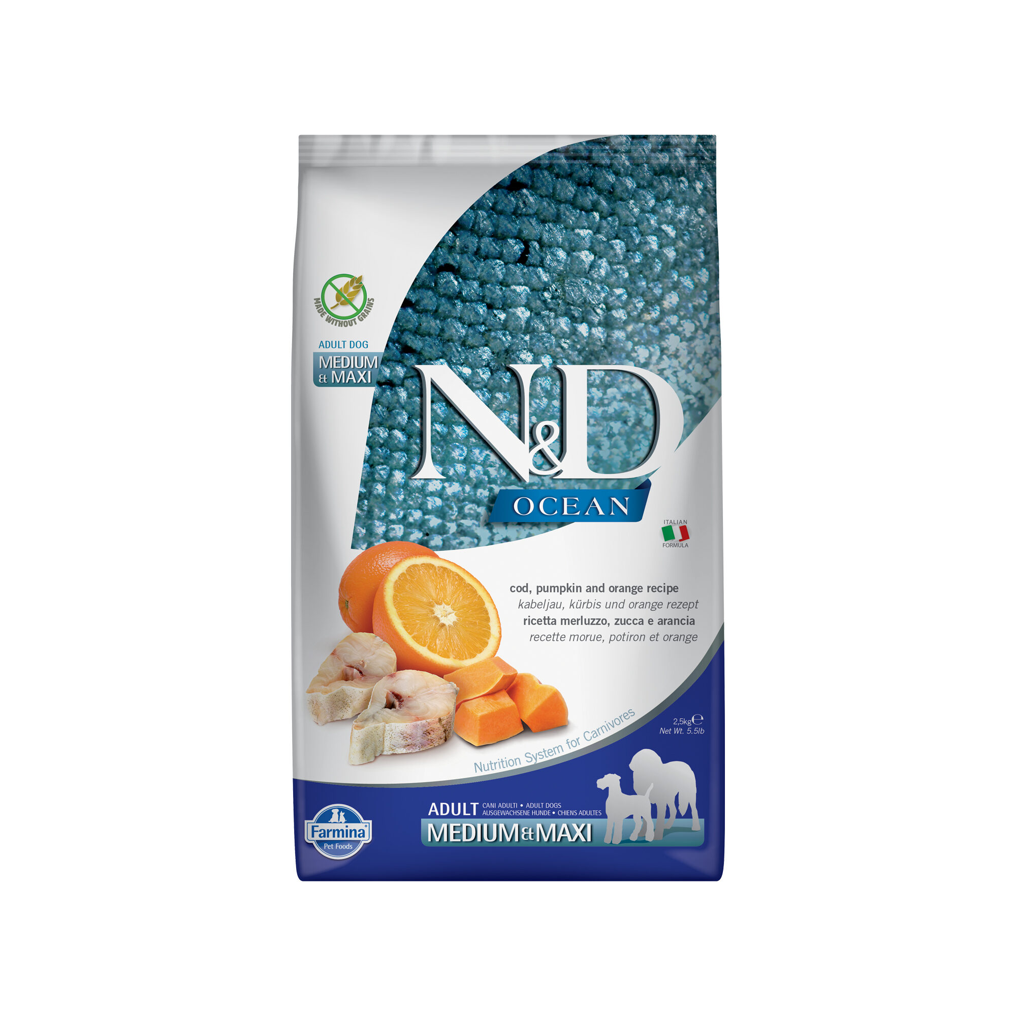 Farmina N&D Ocean Adult Dog Medium & Maxi – Kabeljau und Orange – 2,5 kg