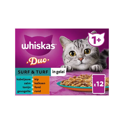 Whiskas 1+ Nassfutter – Duo – Surf & Turf in Gelee – 12 x 85g