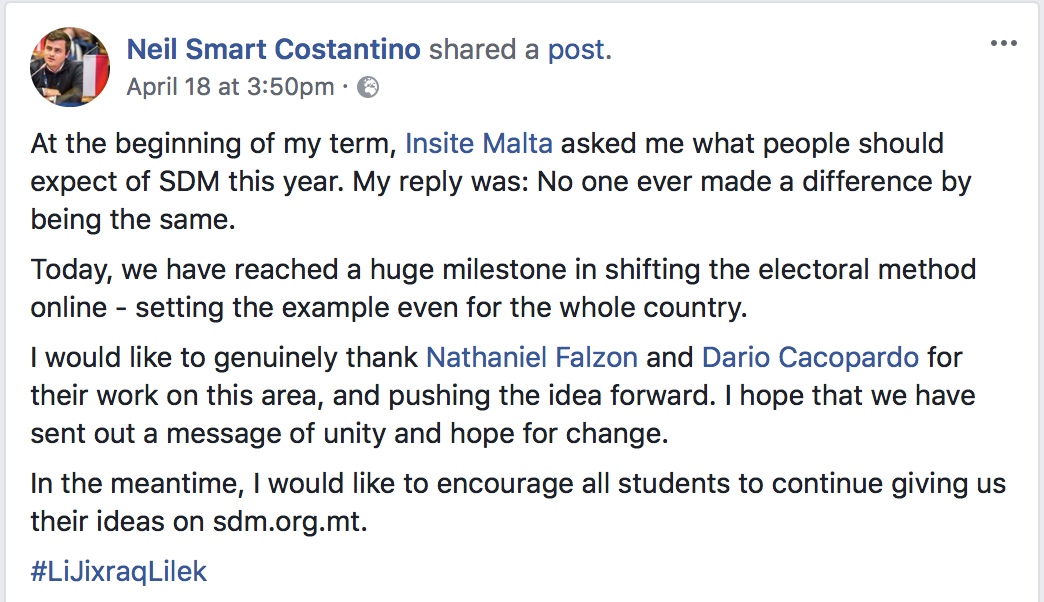 SDM President Neil Smart Costantino's Facebook post following the approval of the online voting system