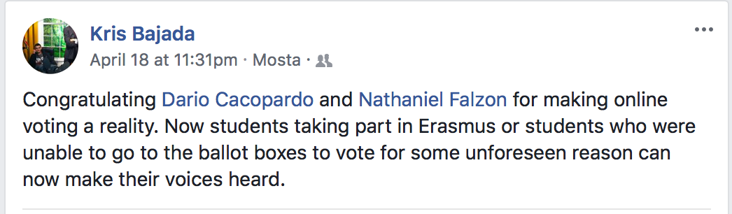 Independent candidate Kris Bajada's Facebook post following the approval of the online voting system