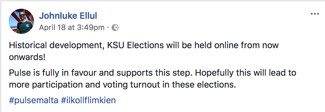 Pulse President Johnluke Ellul's Facebook post following the approval of the online voting system