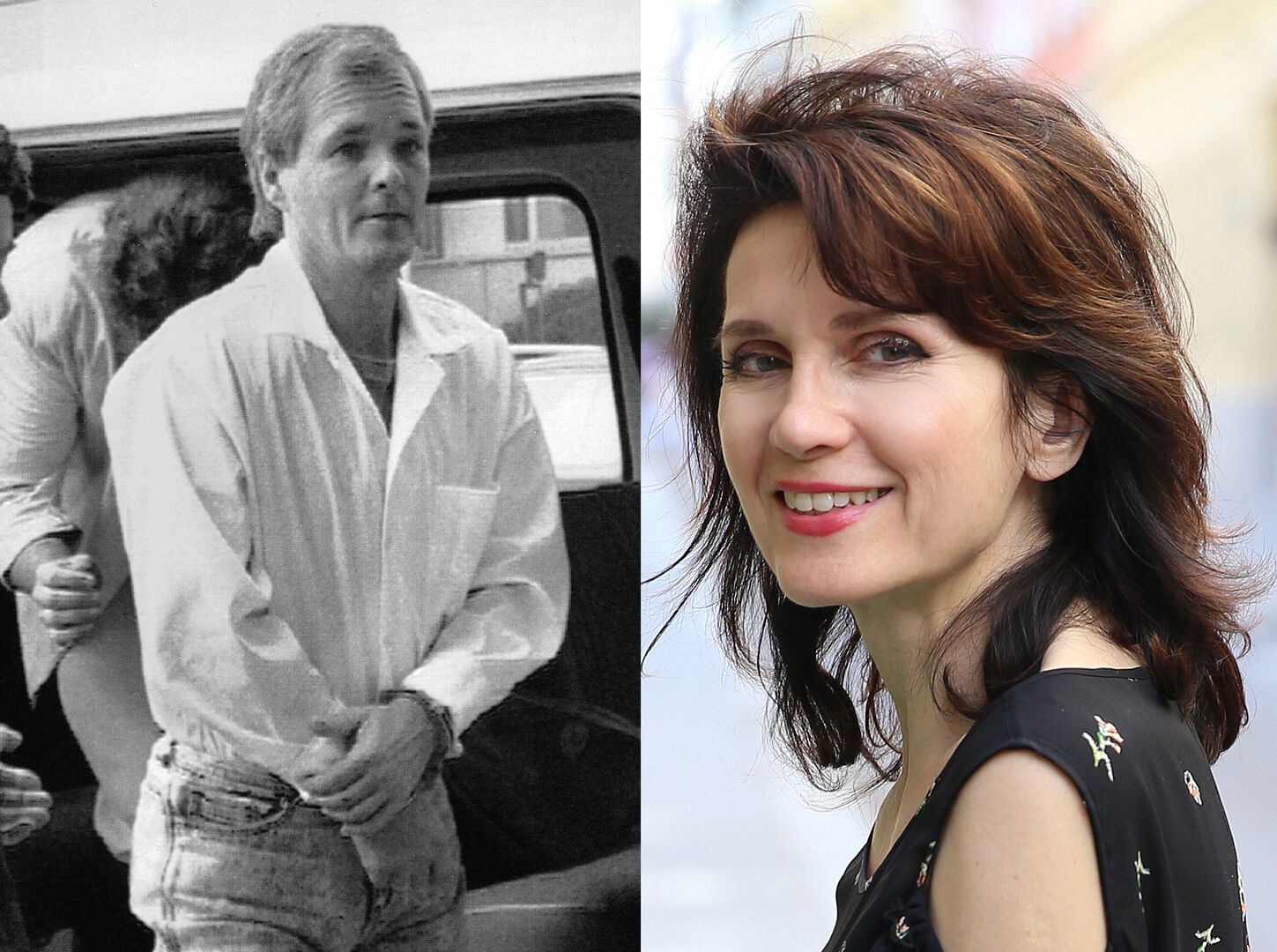 Links ein Schwarzweiß-Bild von Jack Unterweger mit Handschellen, rechts eine Farbaufnahme von Astrid Wagner, lächelnd im Halbporträt