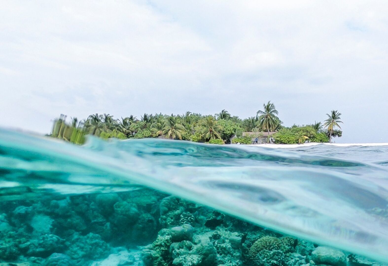 Blaues Meer und Blick auf eine typische Schatzinsel mit weißem Sand