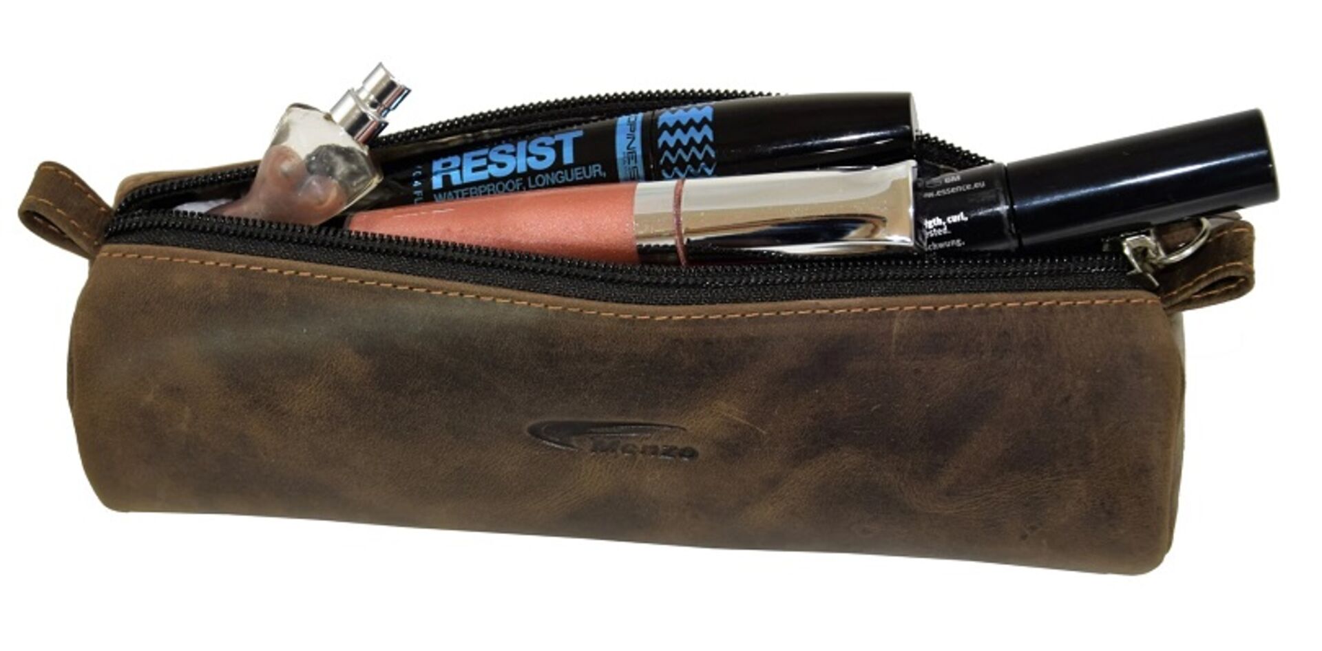 Ein Lederetui, darin Lippenstift, Wimperntusche und Parfum