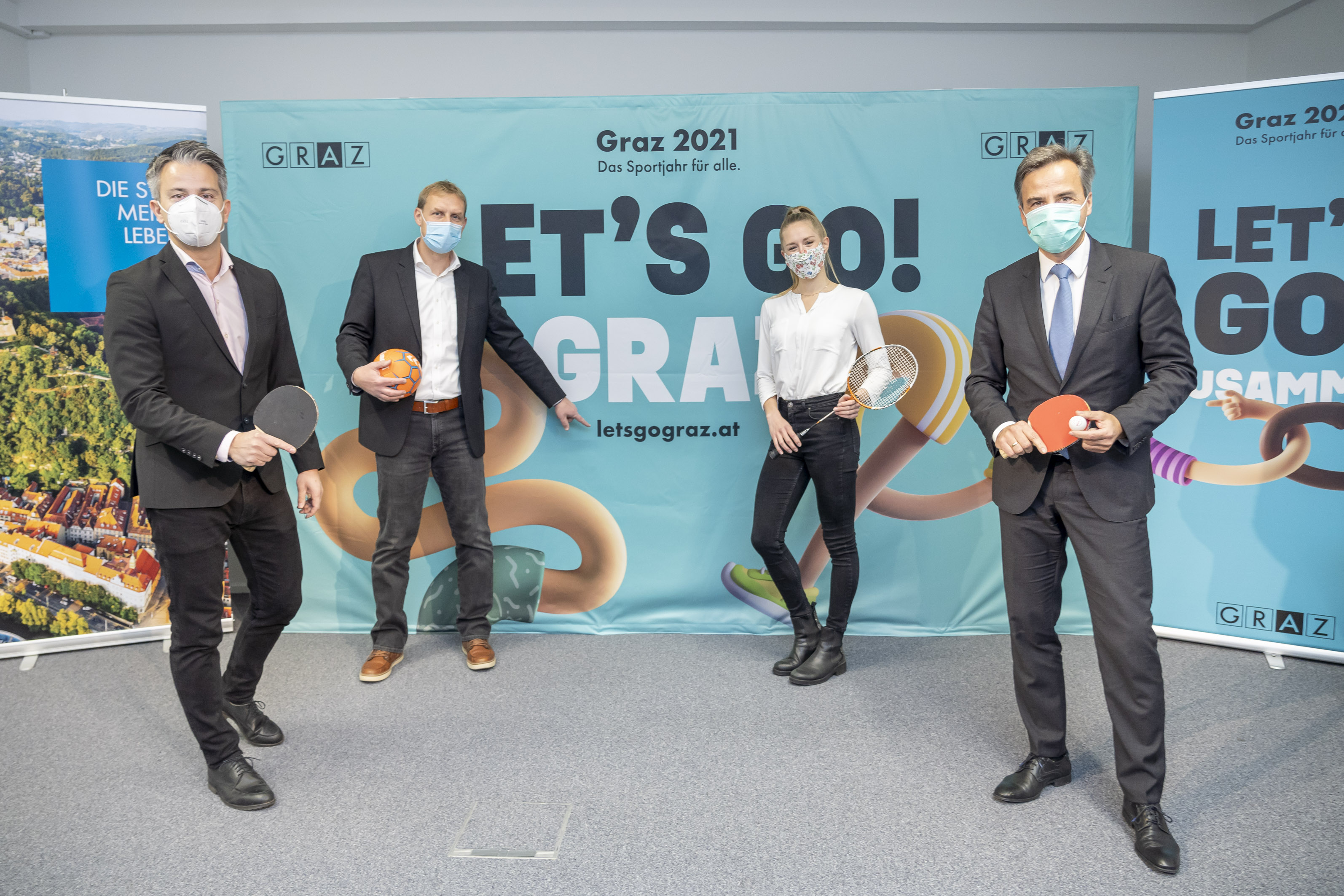 Kurt Hohensinner, Markus Pichler, Julia Meder und Siegfried Nagl bei der Programmpräsentation für das Sportjahr 2021.