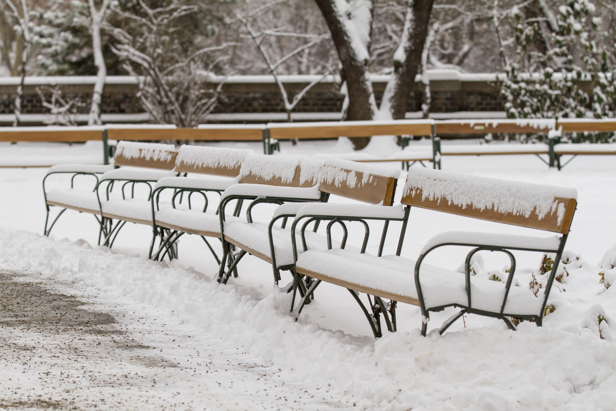 verschneite Parkbank im Winter