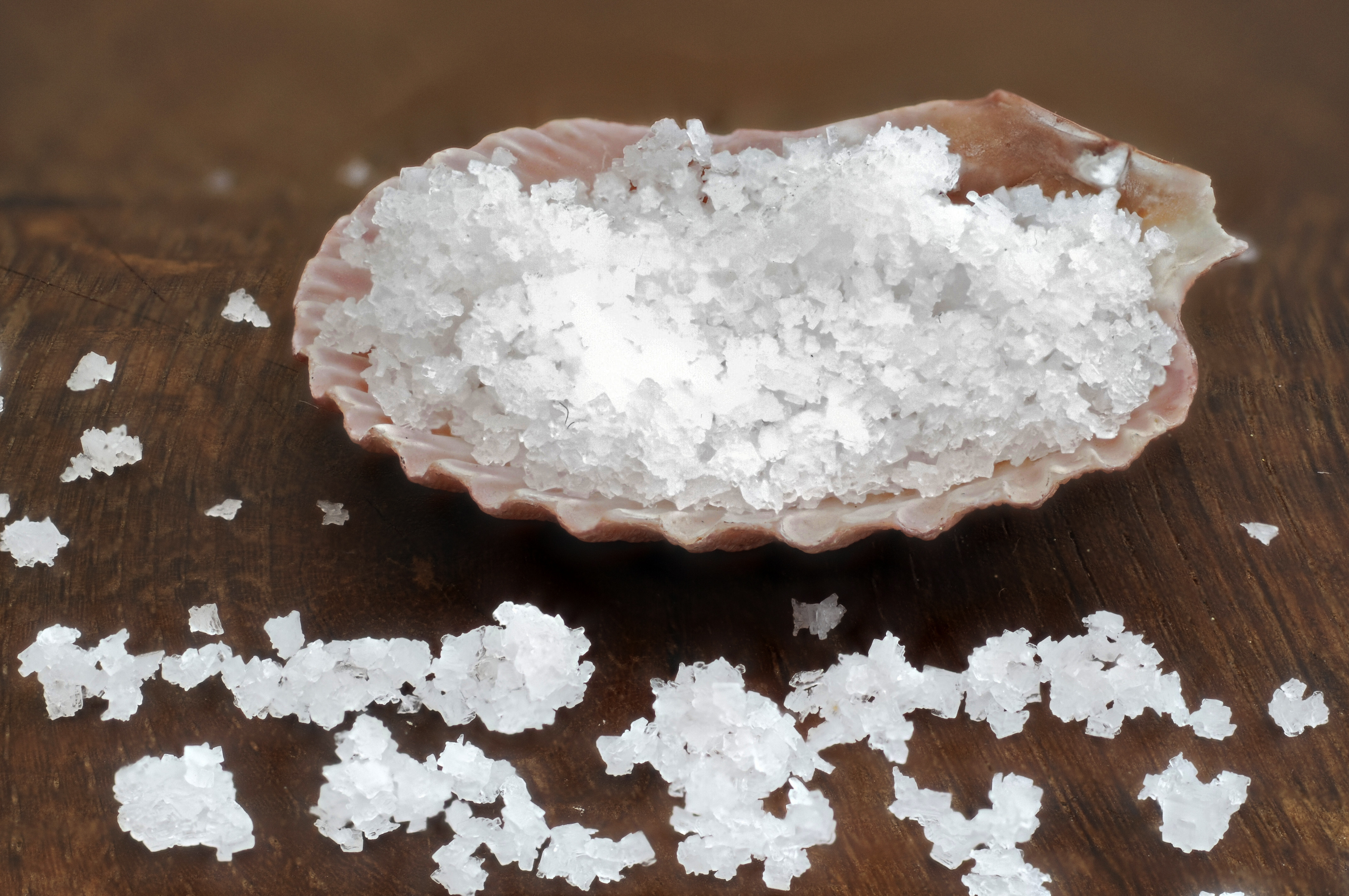 Eine Muschelschale auf einem Holztisch, die mit dem hauchdünnen Meersalz Fler de Sel gefüllt ist