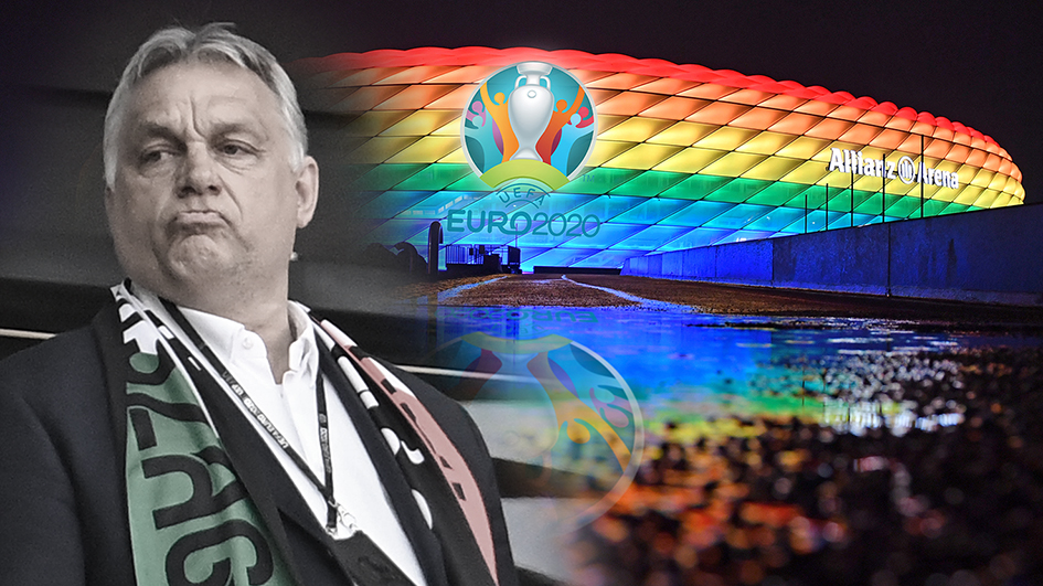 Ungarns Premierminister Viktor Orban im Vordergrund, die Münchner Allianz Arena im Hintergrund.