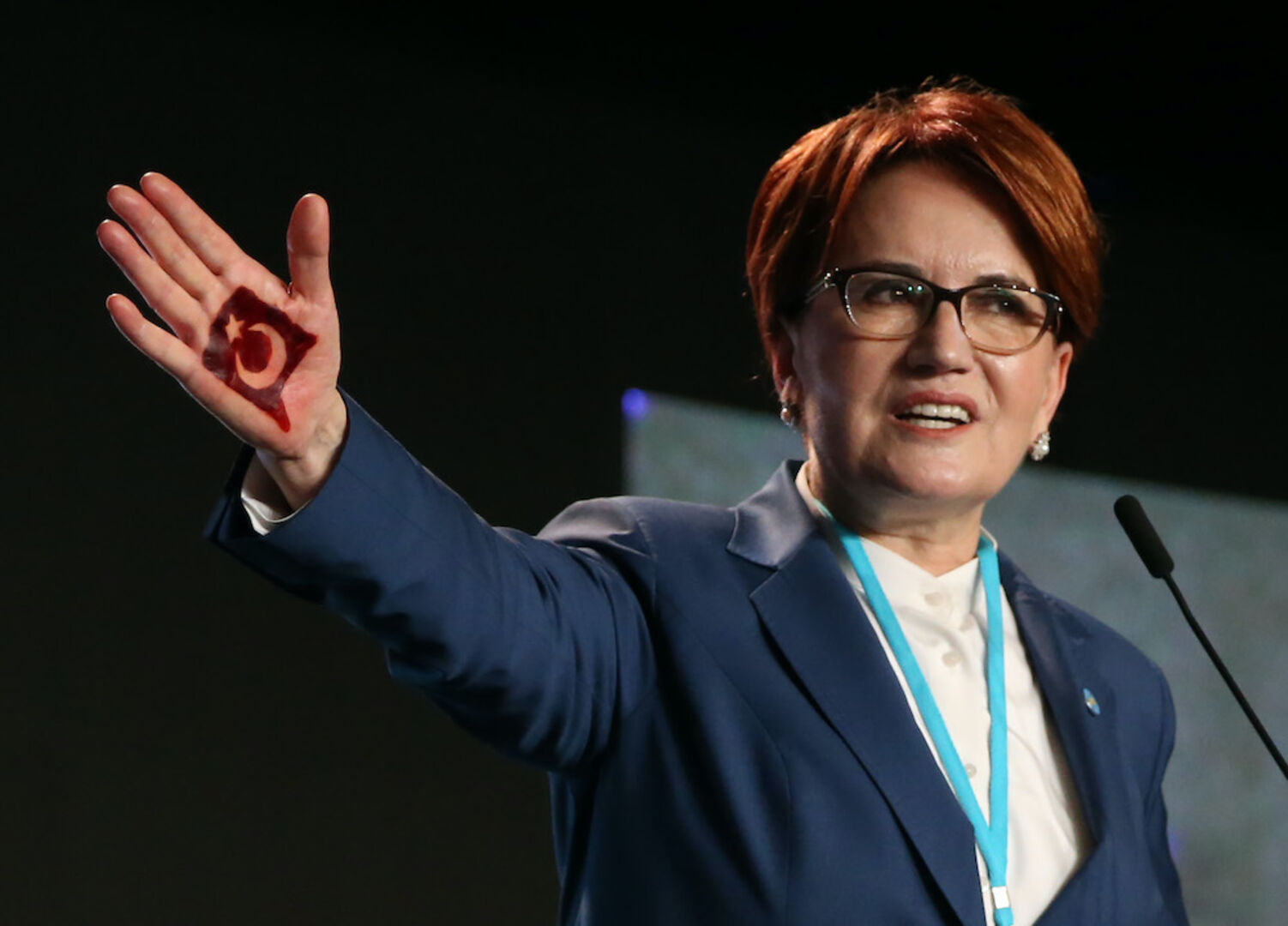 Portät der türkischen Politikerin Meral Aksener am Rednerpult mit bemalter Handfläche