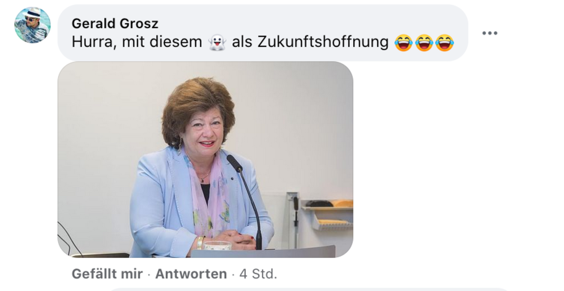Ein Screenshot des Postings von Gerald Grosz: "Hurra mit diesem Geist als Zukunftshoffnung" Drei lachende Emojis, darunter ein Bild von Gemeinderätin Elisabeth Potzinger