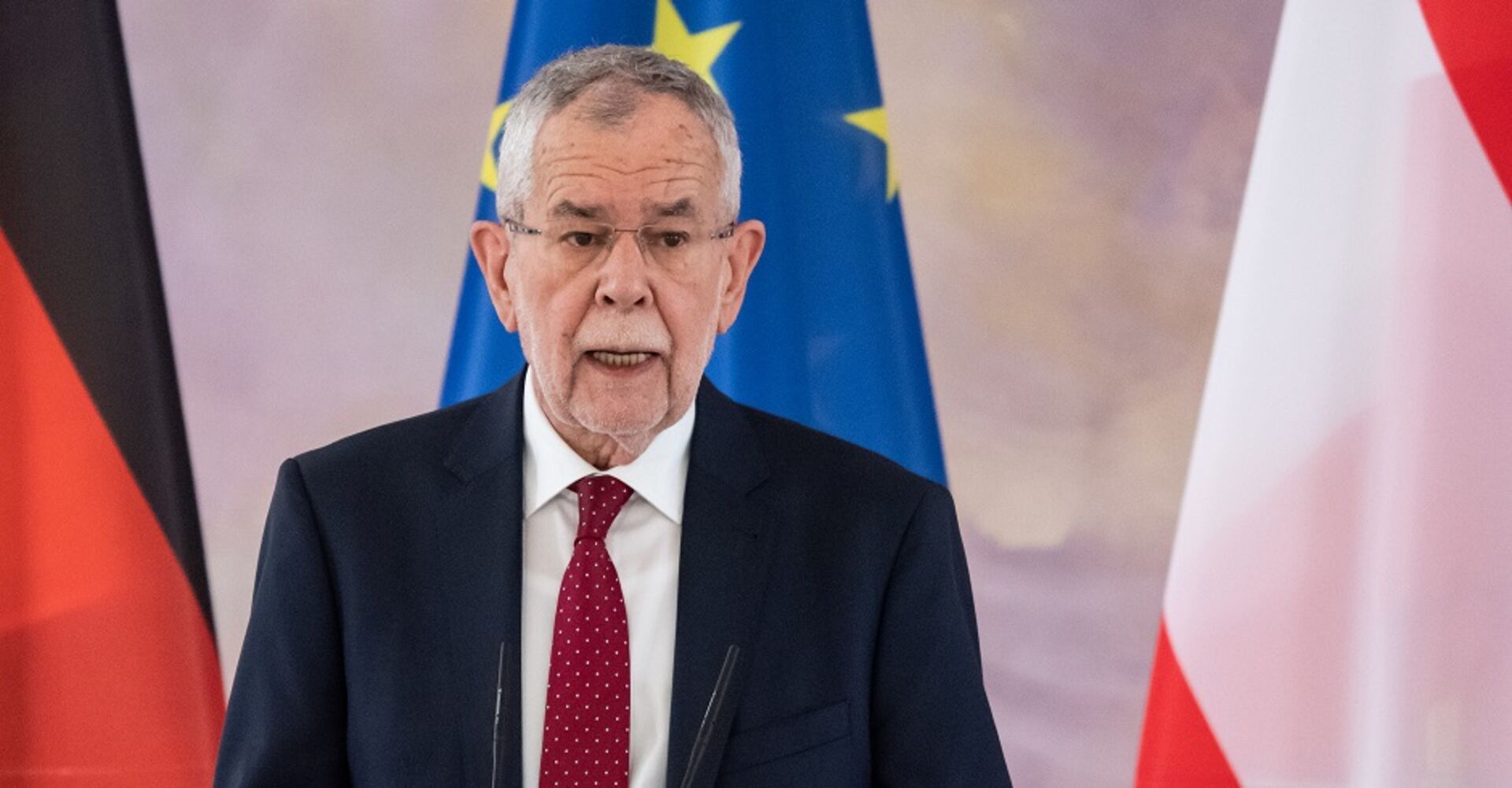 Alexander Van der Bellen spricht vor der deutschen, europäischen und österreischischen Flagge