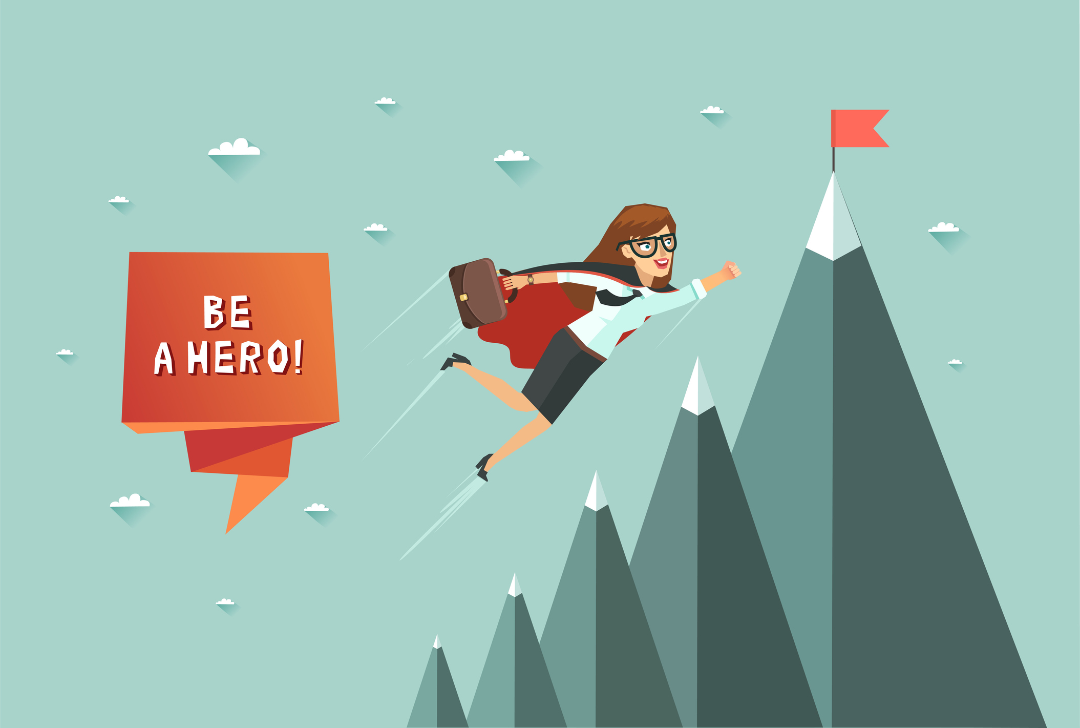 Comichafte Darstellung einer Sekretärin mit Superheldinnen-Cape, die über stufenhaft aufsteigende Berggipfel hinweg bis zur höchsten Spitze fliegt