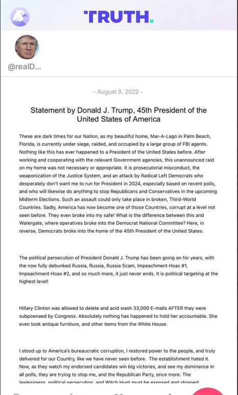 Screenshot des englischen Statements von Donald Trump via Truth Social