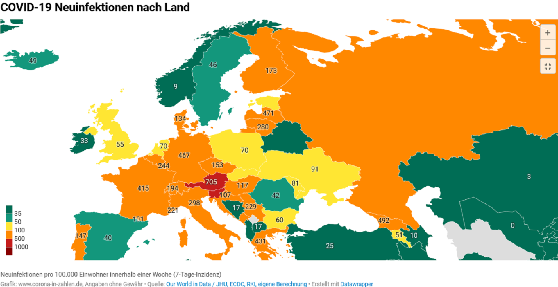 Eine Karte von Europa, darauf farblich markiert die aktuellen Inzidenz-Zahlen. Österreich sind die einzigen Länder, die rot gefärbt sind.