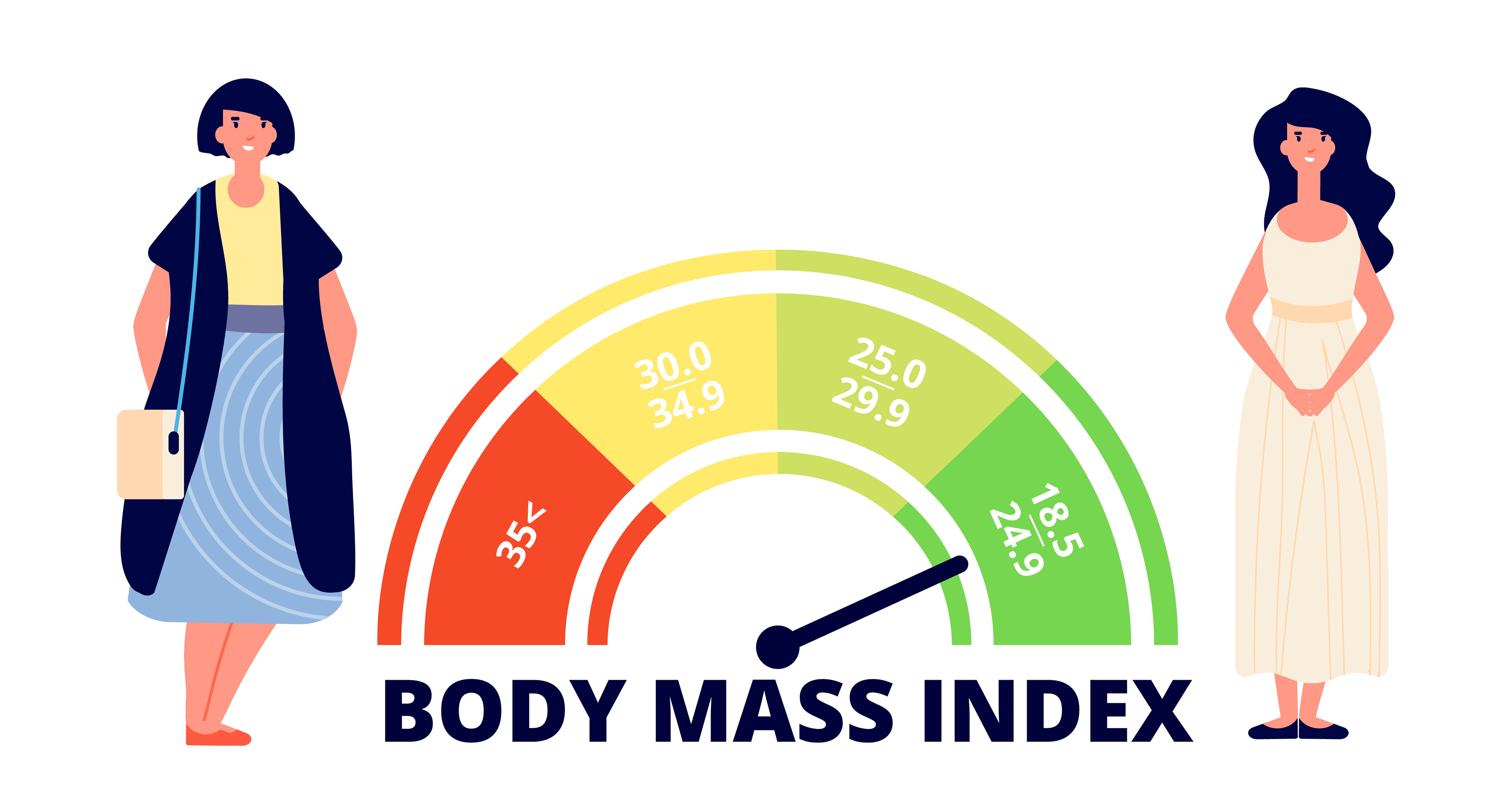Eine BMI-Skala, die die unterschiedlichen Gewichtsverhältnisse farblich - von grün bis rot - darstellt