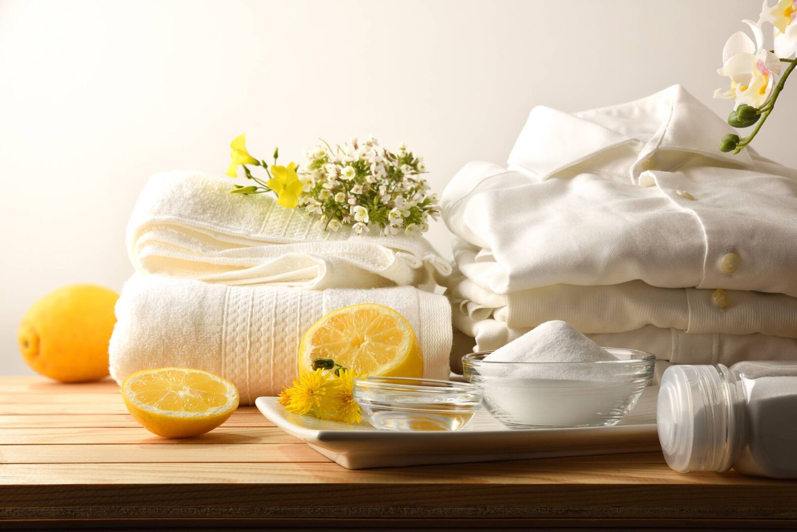 Frisch gereinigte Wäsche mit einer Schale Essig und frischen Zitronenhälften | Credit: iStock.com/Davizro
