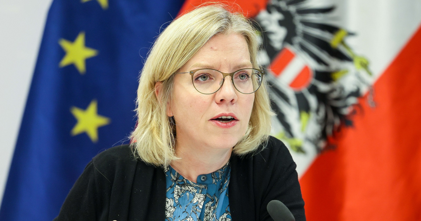 Gewessler bei einem Pressegespräch zur COP27 vor den Flaggen Östereichs und der EU