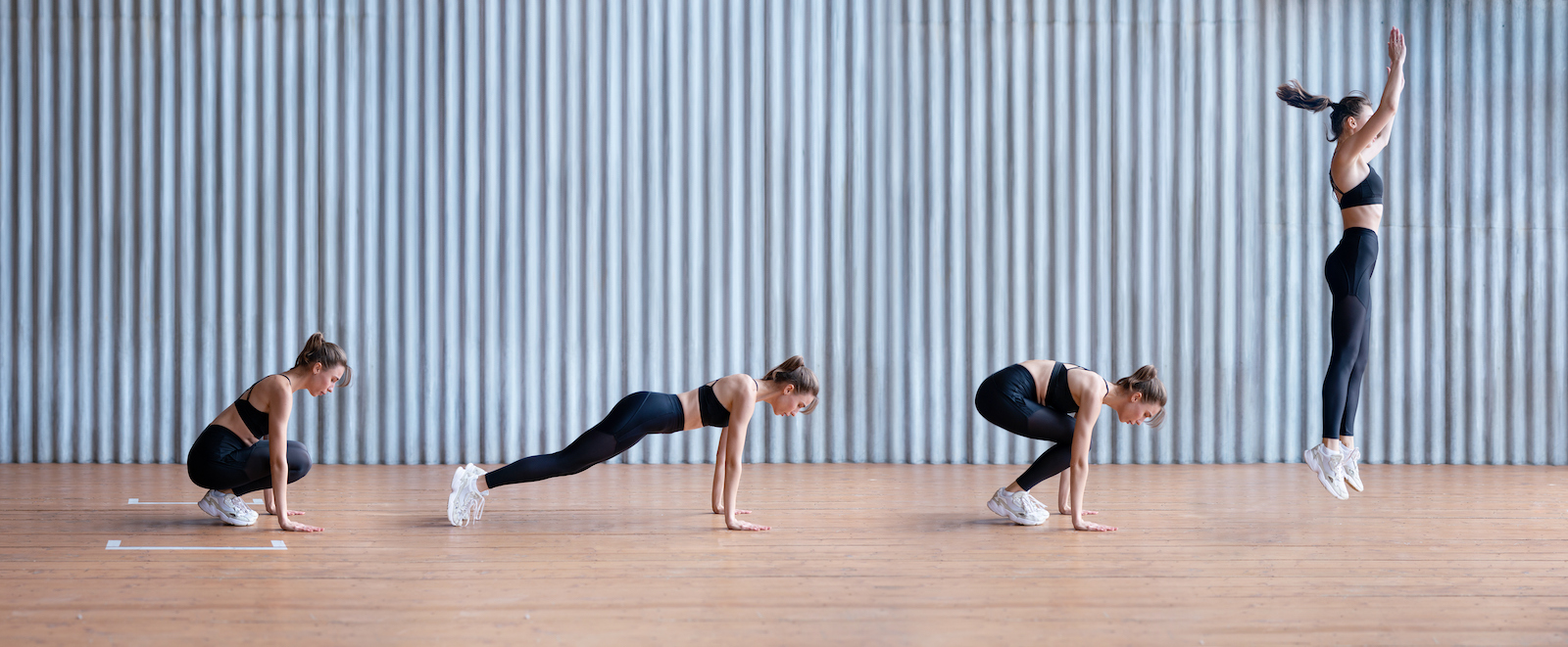 Viermal dieselbe Frau, die die Übungskombination von Burpees macht. | Credit: iStock.com/ undrey