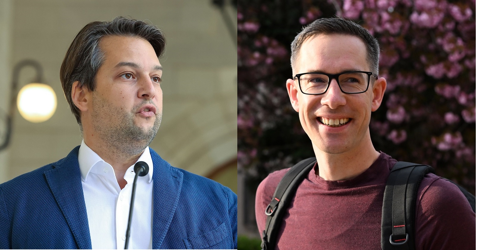 Montage: Links FPÖ Wien-Chef Dominik im Porträt, er wirkt alarmiert. Rechts Kay-Michael Dankl, lachend, Chef der KPÖ Plus in Salzburg