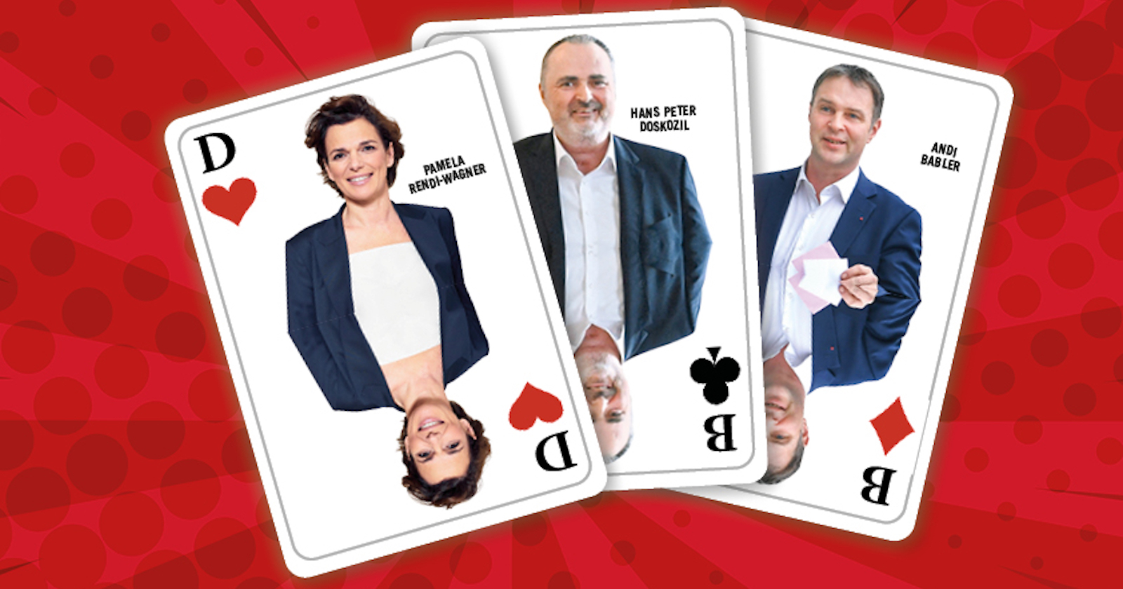 Drei Spielkarten, statt der Figuren sind Rendi-Wagner auf der Herz-, Doskozil auf der Kreuz- und Babler auf der Karo-Karte zu sehen.