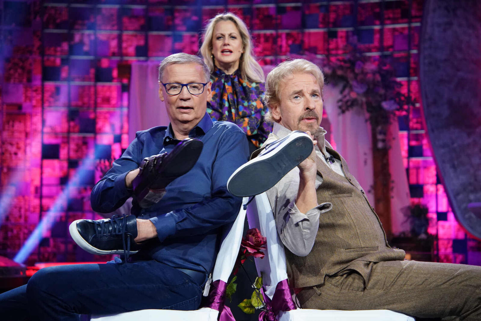 Promo-Bild für die Show "Denn sie wissen nicht, was passiert!" mit Schönberger, Jauch und Gottschalk.