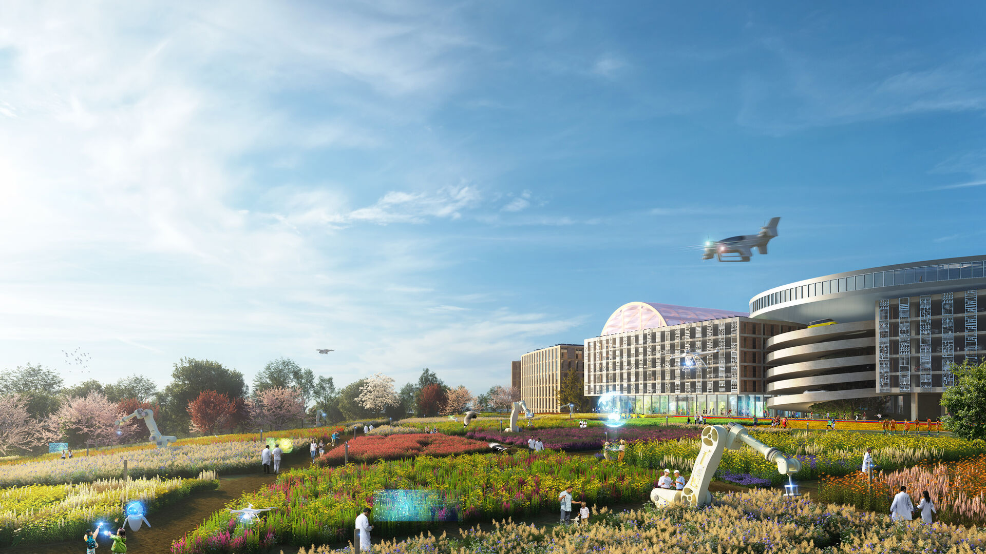 Futuristische Gebäude, davon kultivierte Weiden und Wiesen
