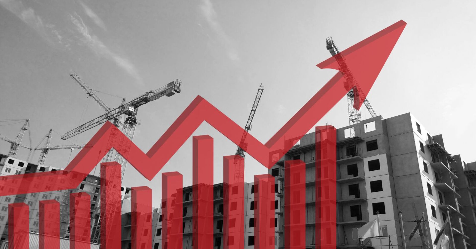 Baustelle und eine roter Pfeil, der nach oben zeigt.