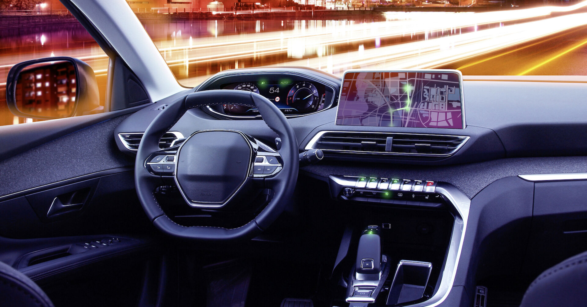 Cockpit eines Autos in futuristischer Umgebung