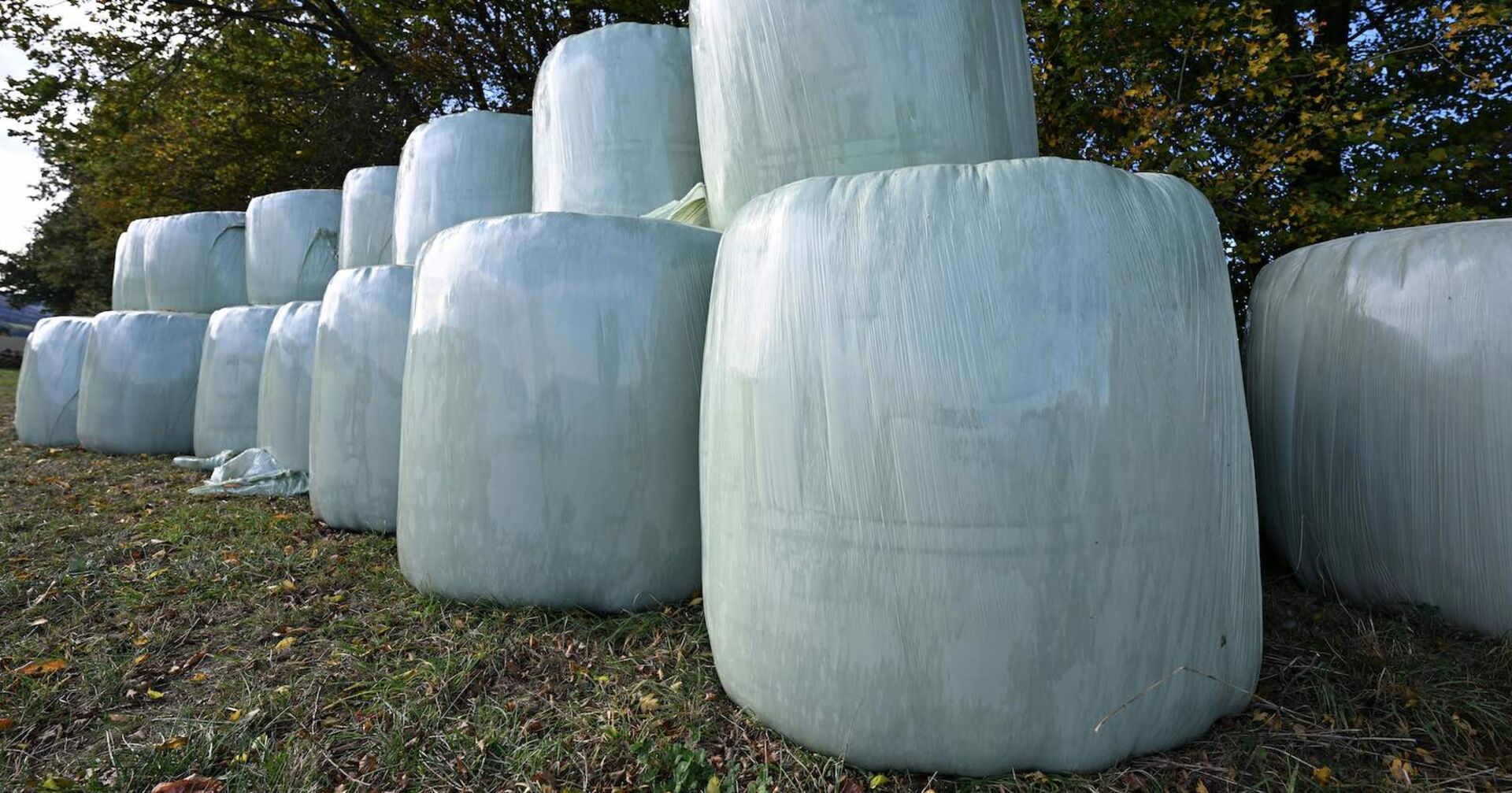 Mehrere Heuballen übereinander gestapelt.