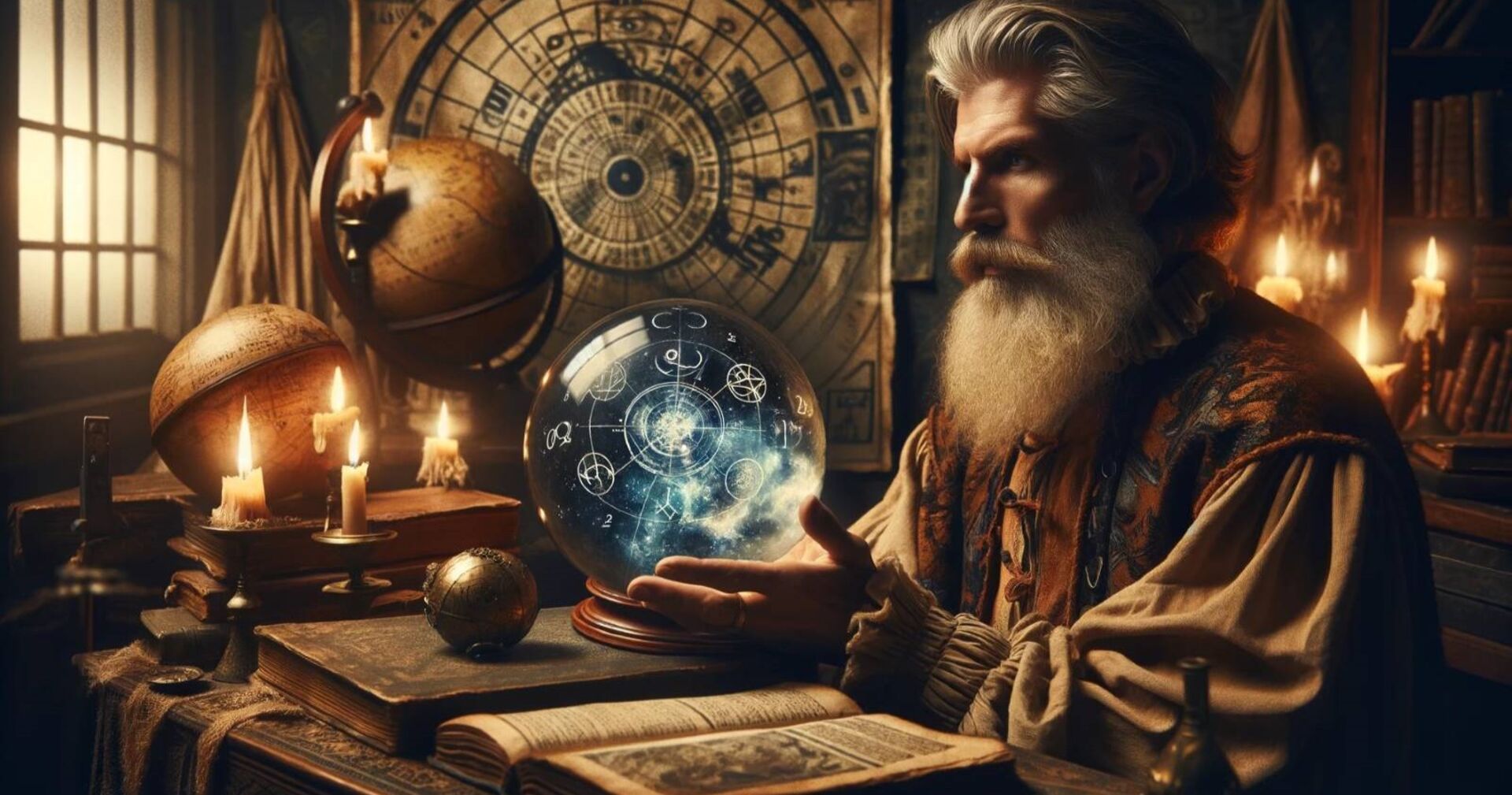 Computeranimation "Nostradamus schaut in die Zukunft": In einem anderen Jahrhundert schaut ein bärtiger Man schaut in eine Kristallkugel mit astrologischen Symbolen.