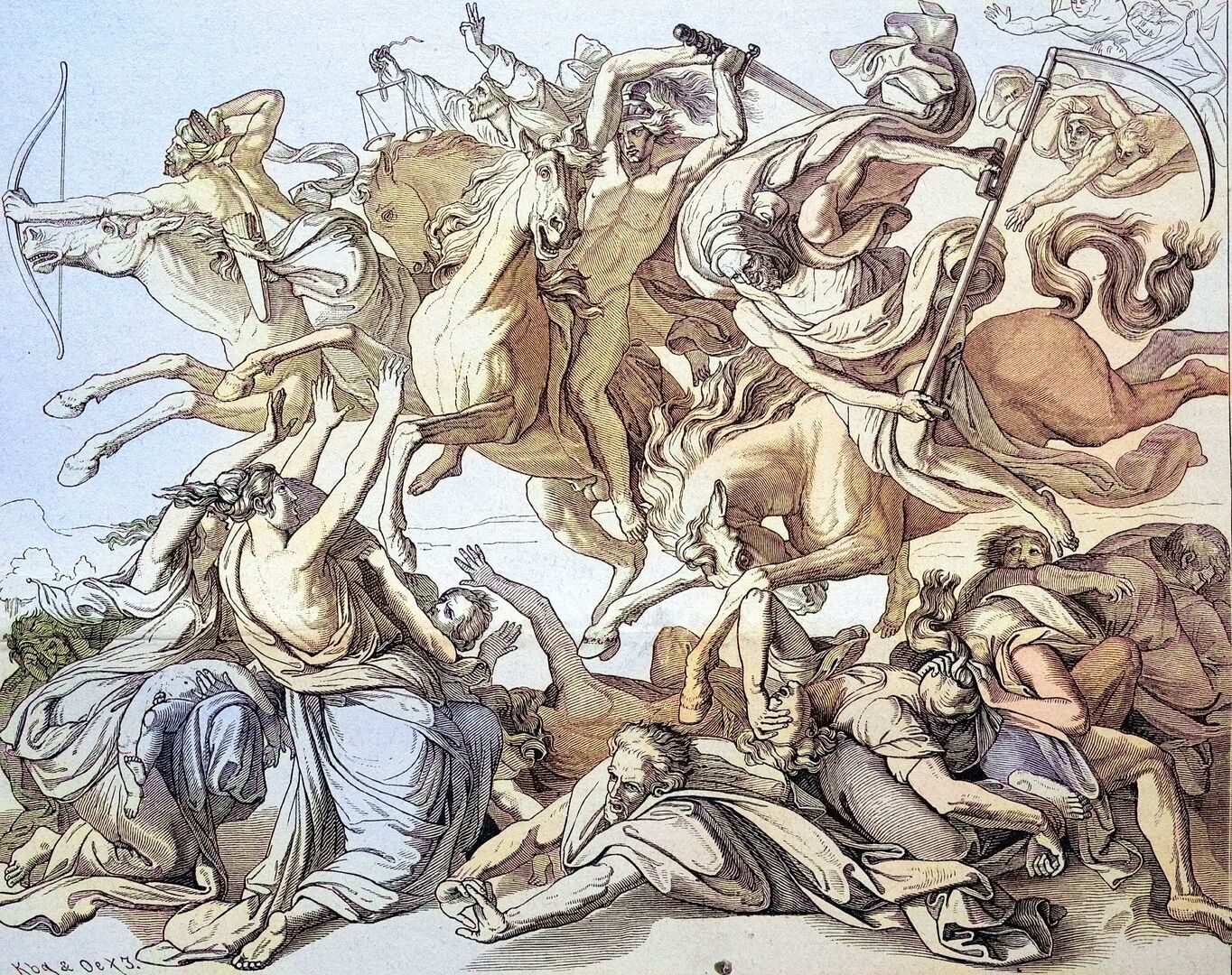 Gemälde auf dem die apokalyptischen Reiter aus der Offenbarung des Johannes über die Menschheit herfallen