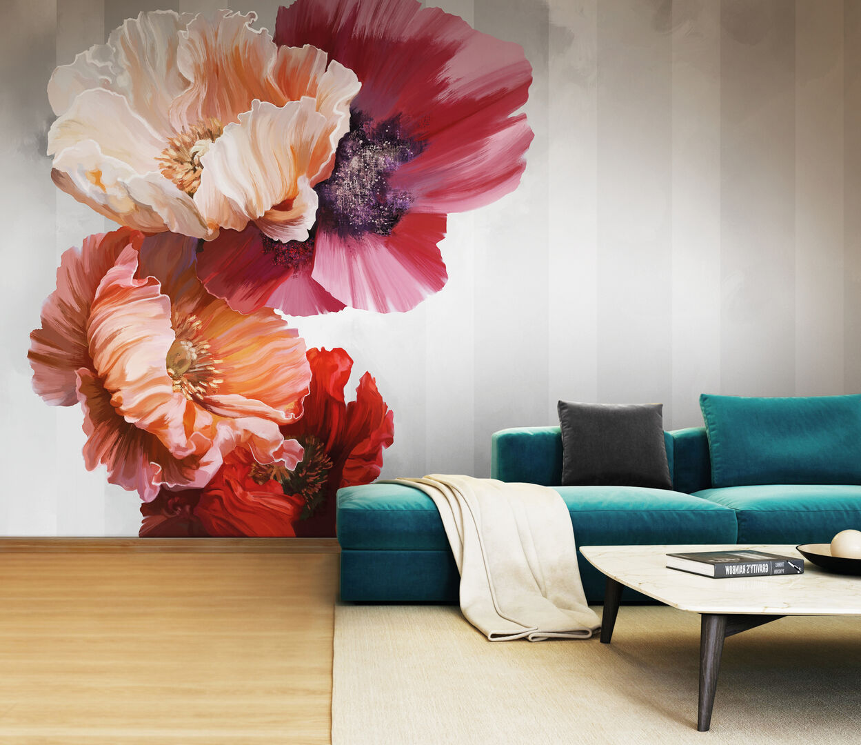 Wohnzimmer mit grüner Couch und Blumentapete