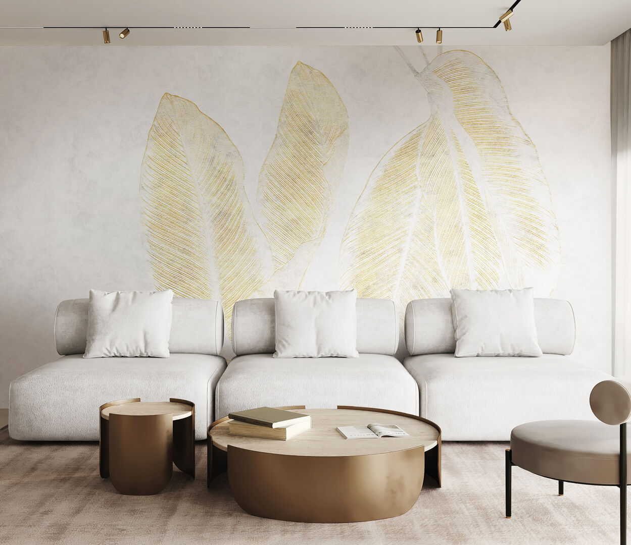 Tapete mit goldenen Federn in weiße Wohnzimmer