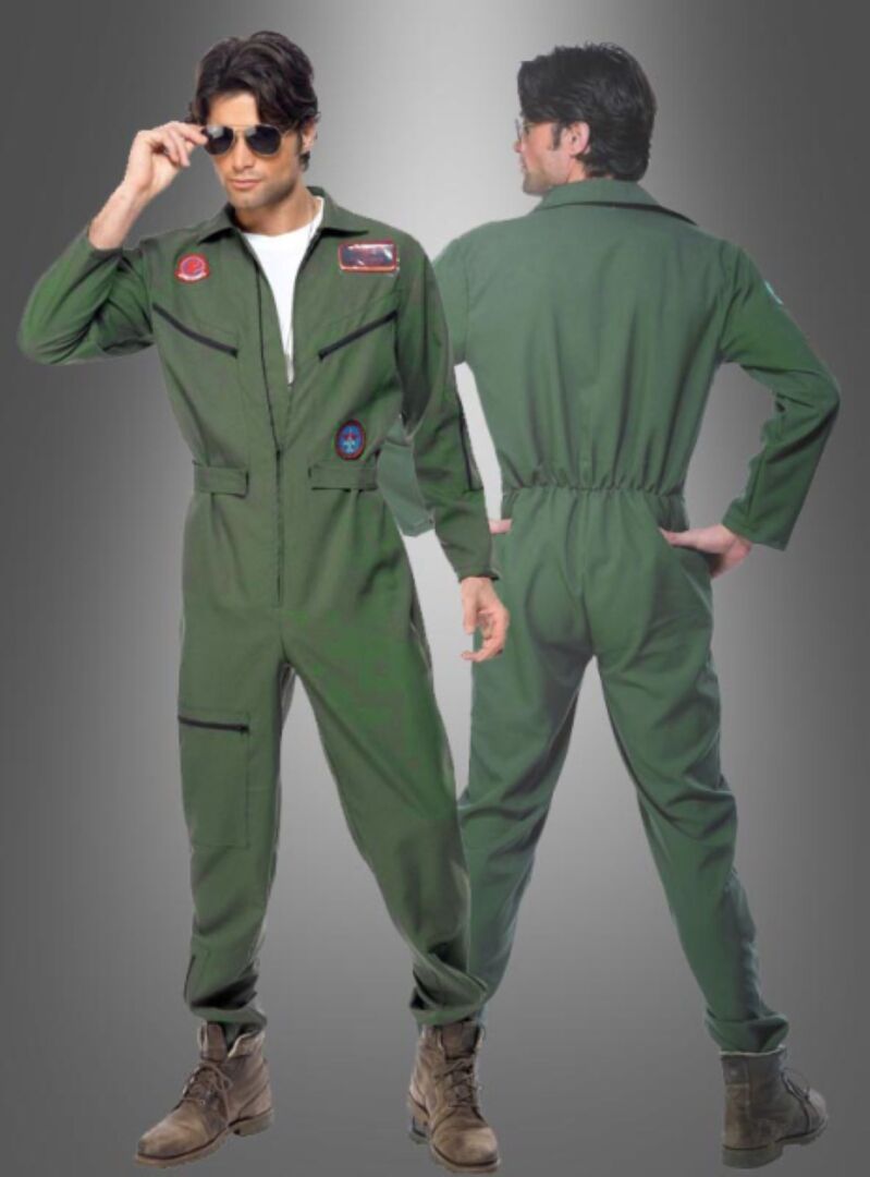 Mann mit dunklen Haaren im grünen Pilot-Overall