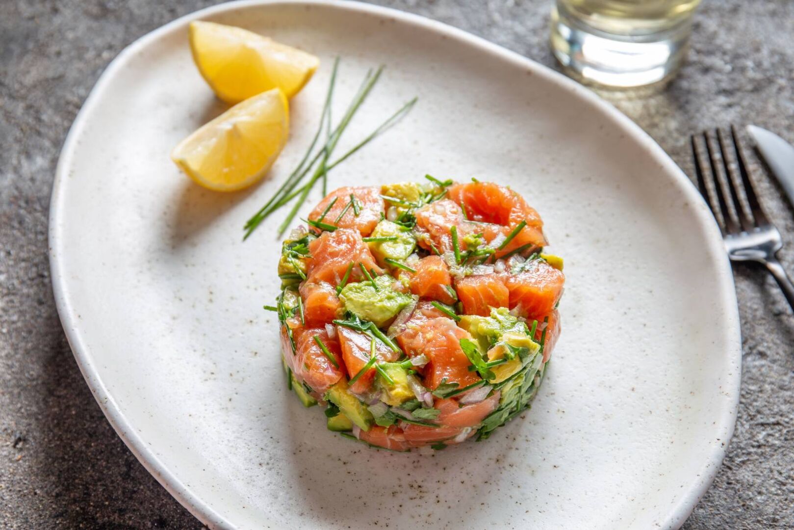 Teller mit Avocado-Lachs-Tartar, kreisförmig angeordnet und mit einer Zitronenscheibe dekoriert