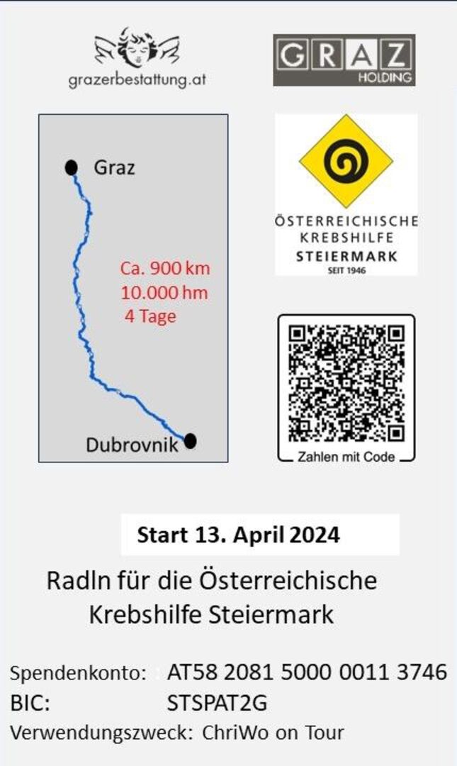 Spendenaufruf mit Radroute, QR-Code und Bankverbindung