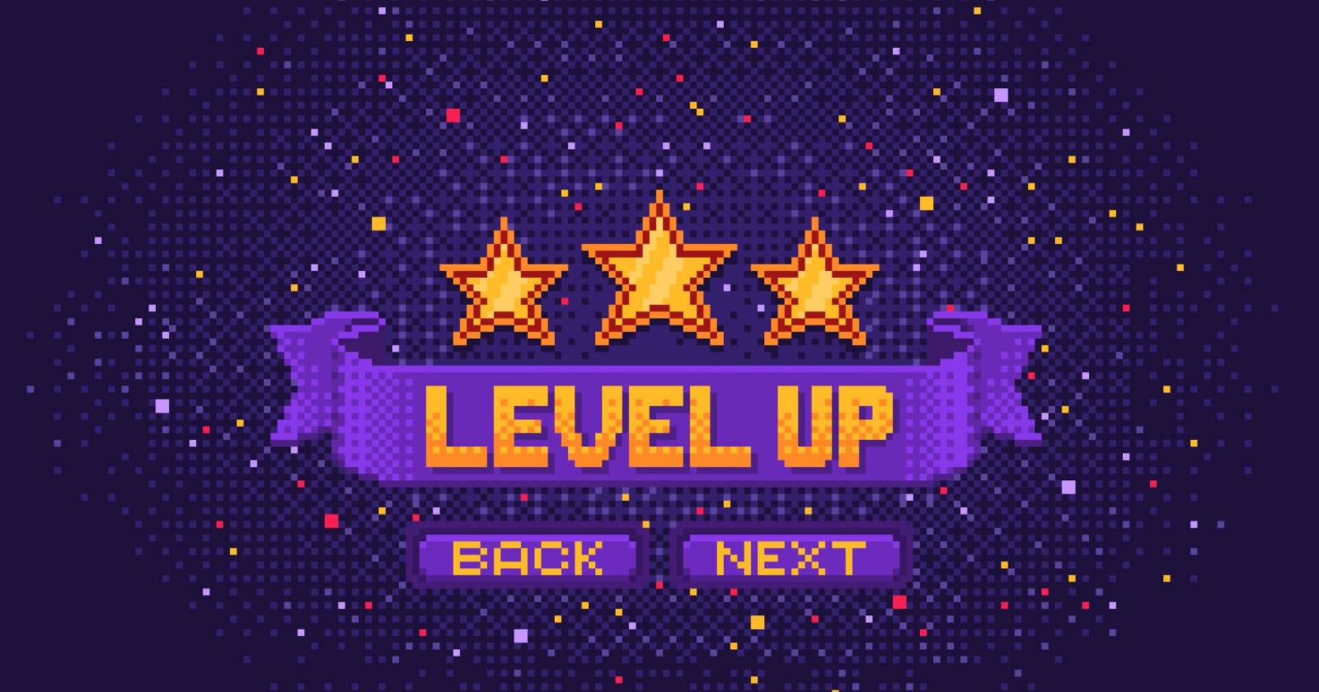 Pixelgrafik mit einem violetten Banner, auf dem in goldener Schrift "Level Up" steht. Darüber befinden sich drei goldene Sterne, die den erfolgreichen Abschluss eines Videospiel-Levels anzeigen.